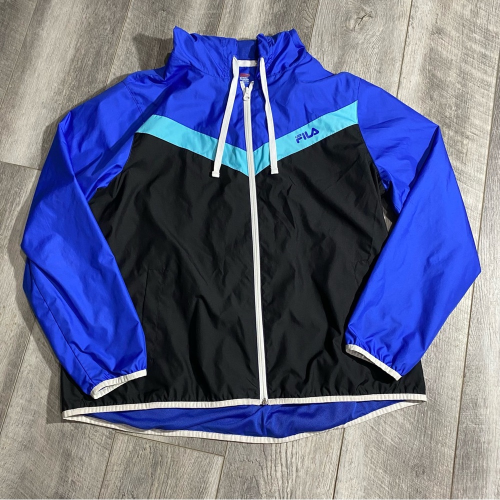 Womens FILA xL windbreaker pullover hooded blue black color block vintage style